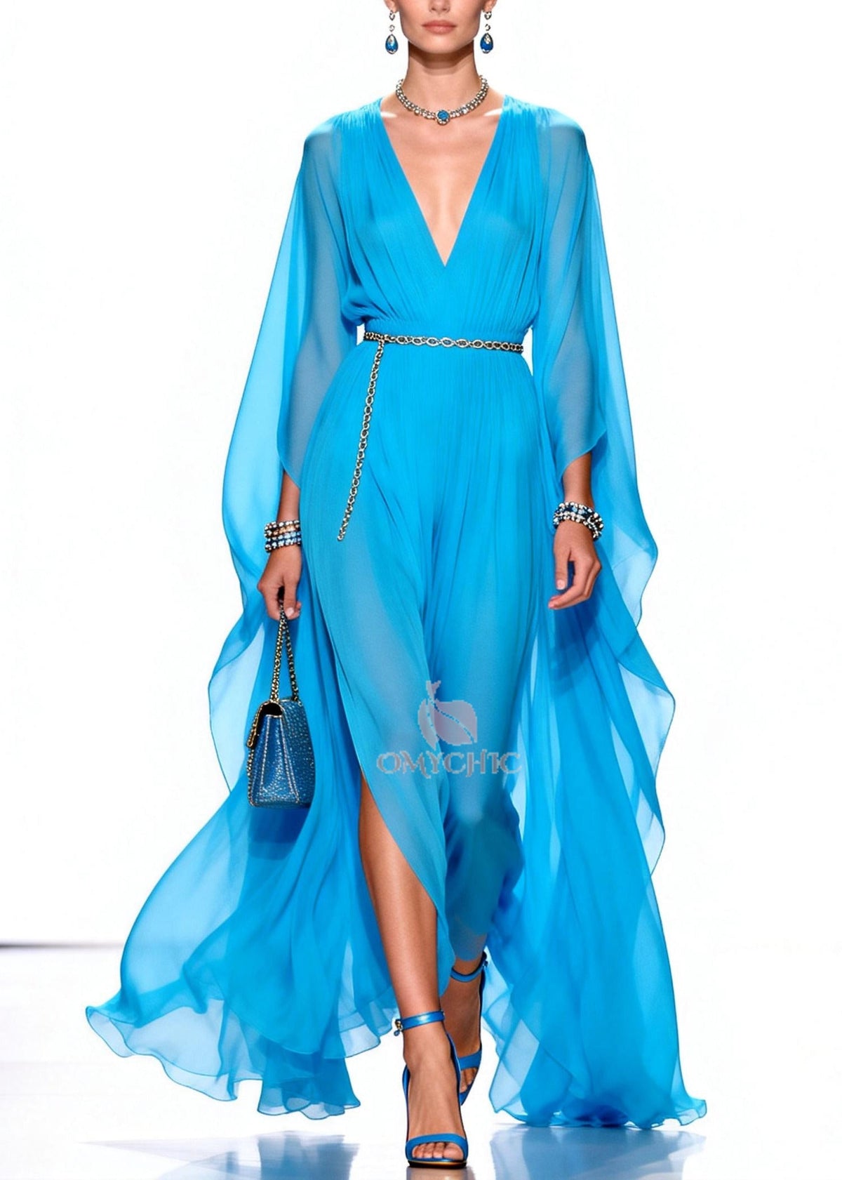 Stylish Blue V Neck Draping Chiffon Maxi Dresses Summer - View 3