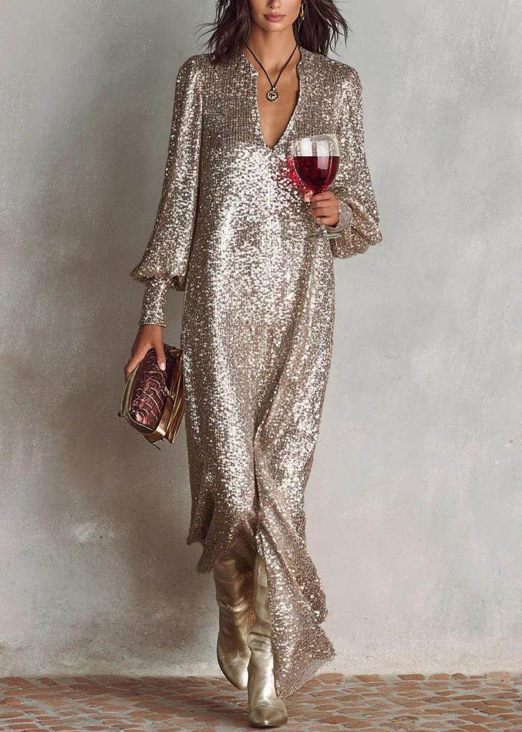 Sequin Bishop Sleeve Split V-Neck Side Slit Maxi Gown