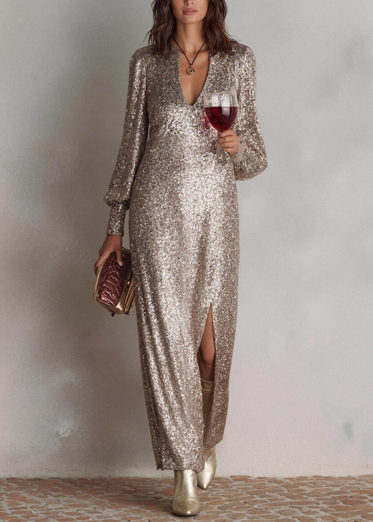 Sequin Bishop Sleeve Split V-Neck Side Slit Maxi Gown - View 2