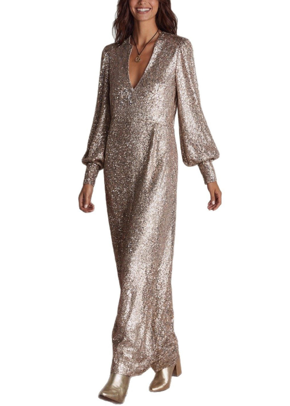 Sequin Bishop Sleeve Split V-Neck Side Slit Maxi Gown - View 5