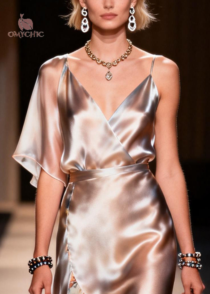 Satin One Shoulder Wrap Ruffle High Low Asymmetrical Midi Dress - View 2