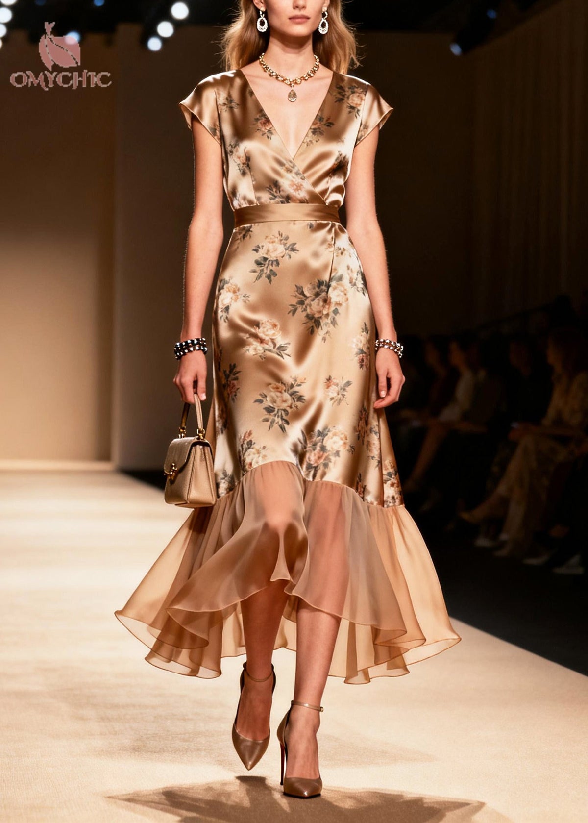 Satin Floral Print Deep V-Neck Wrap Cap Sleeve Belted Midi Dress