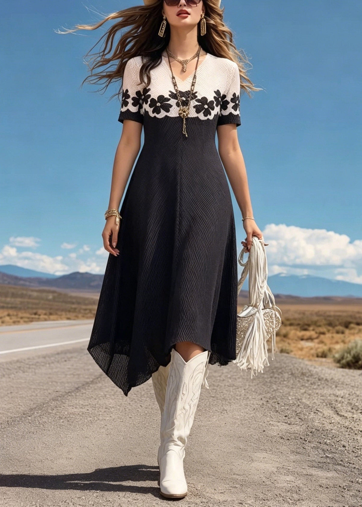 Colorblock Rib Knit Floral Border V-Neck Short Sleeve Midi Dress