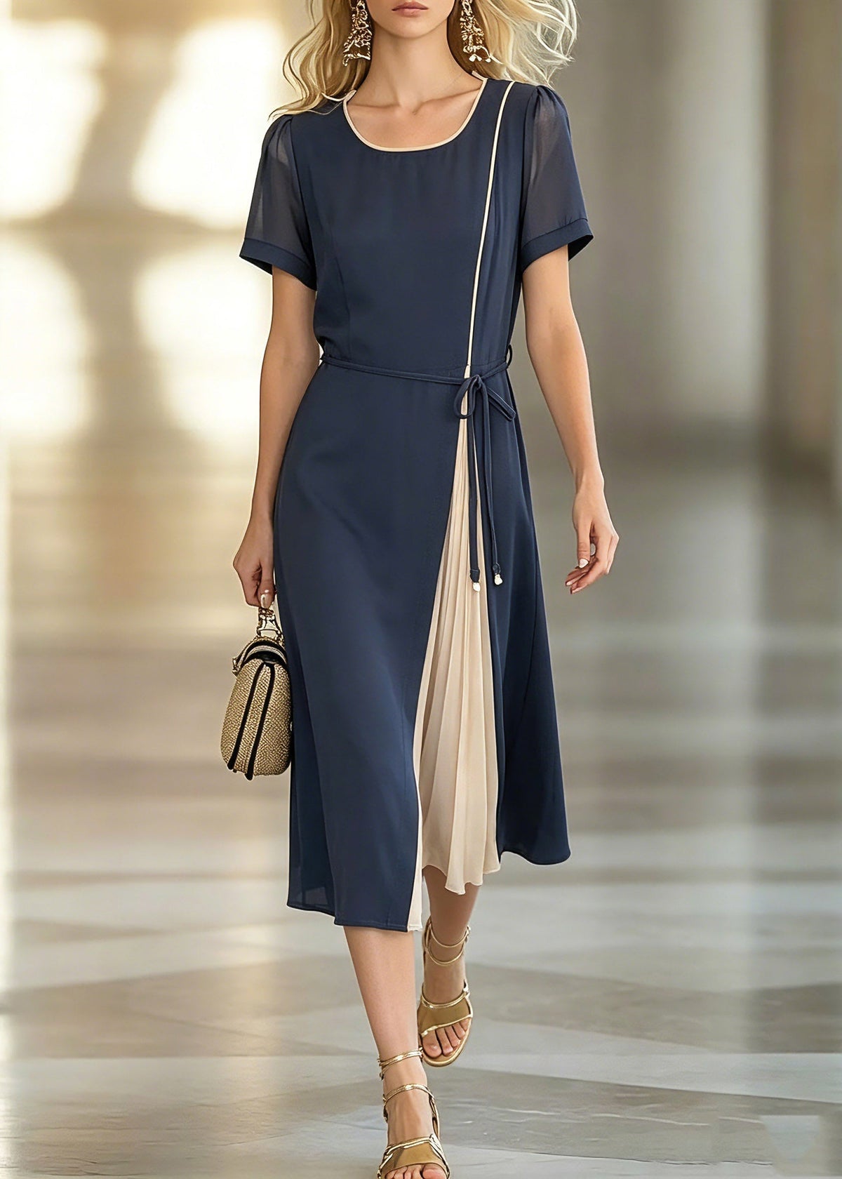 Stylish Dark Blue O-Neck Asymmetrical Patchwork Tie Waist Chiffon Maxi Dresses Short Sleeve