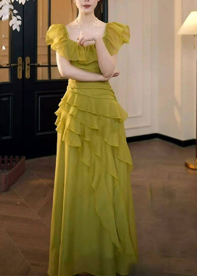 Grass Green Ruffled Asymmetrical Chiffon Party Dress