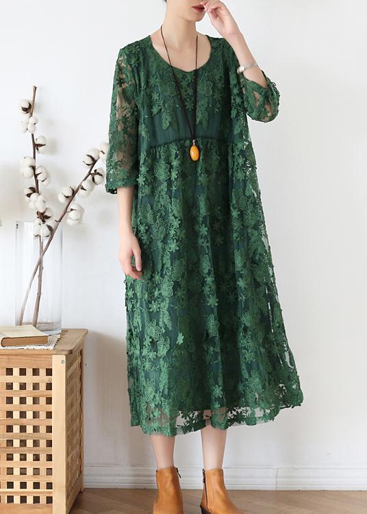Lace Floral Embroidered Overlay Three Quarter Sleeve Midi Dress