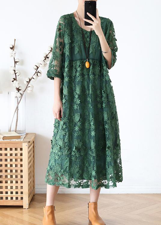 Lace Floral Embroidered Overlay Three Quarter Sleeve Midi Dress - View 2