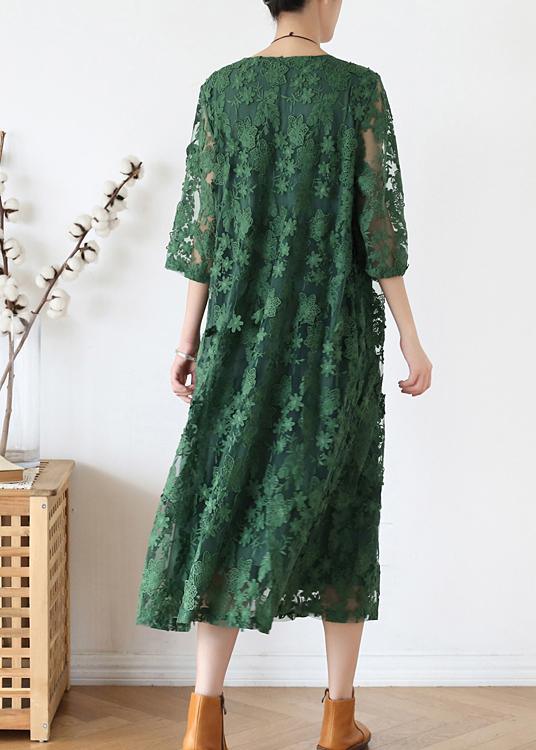 Lace Floral Embroidered Overlay Three Quarter Sleeve Midi Dress - View 3