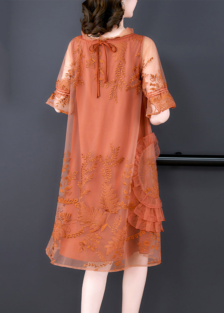 Mesh Embroidered Ruffle Neck Short Sleeve Tiered Side Knee Dress - View 4