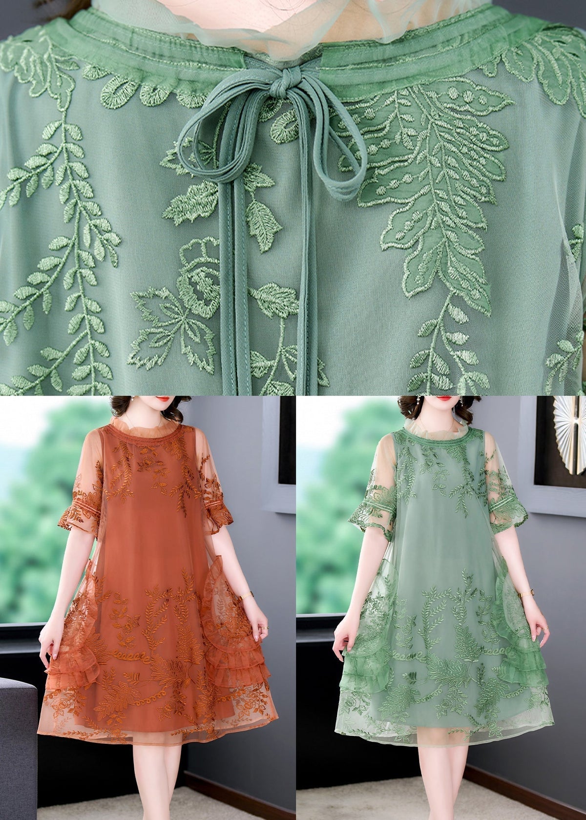 Mesh Embroidered Ruffle Neck Short Sleeve Tiered Side Knee Dress - View 5