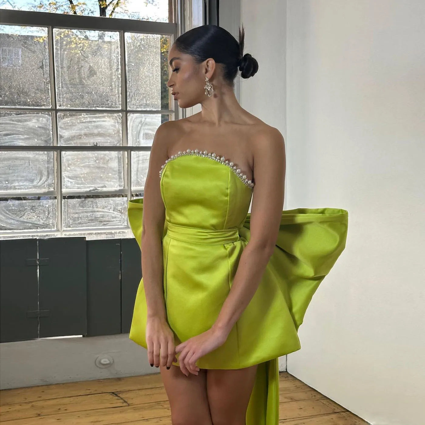 Green Pink Red Satjson Mini Party Dress with Detachable Bow - Fashionpara