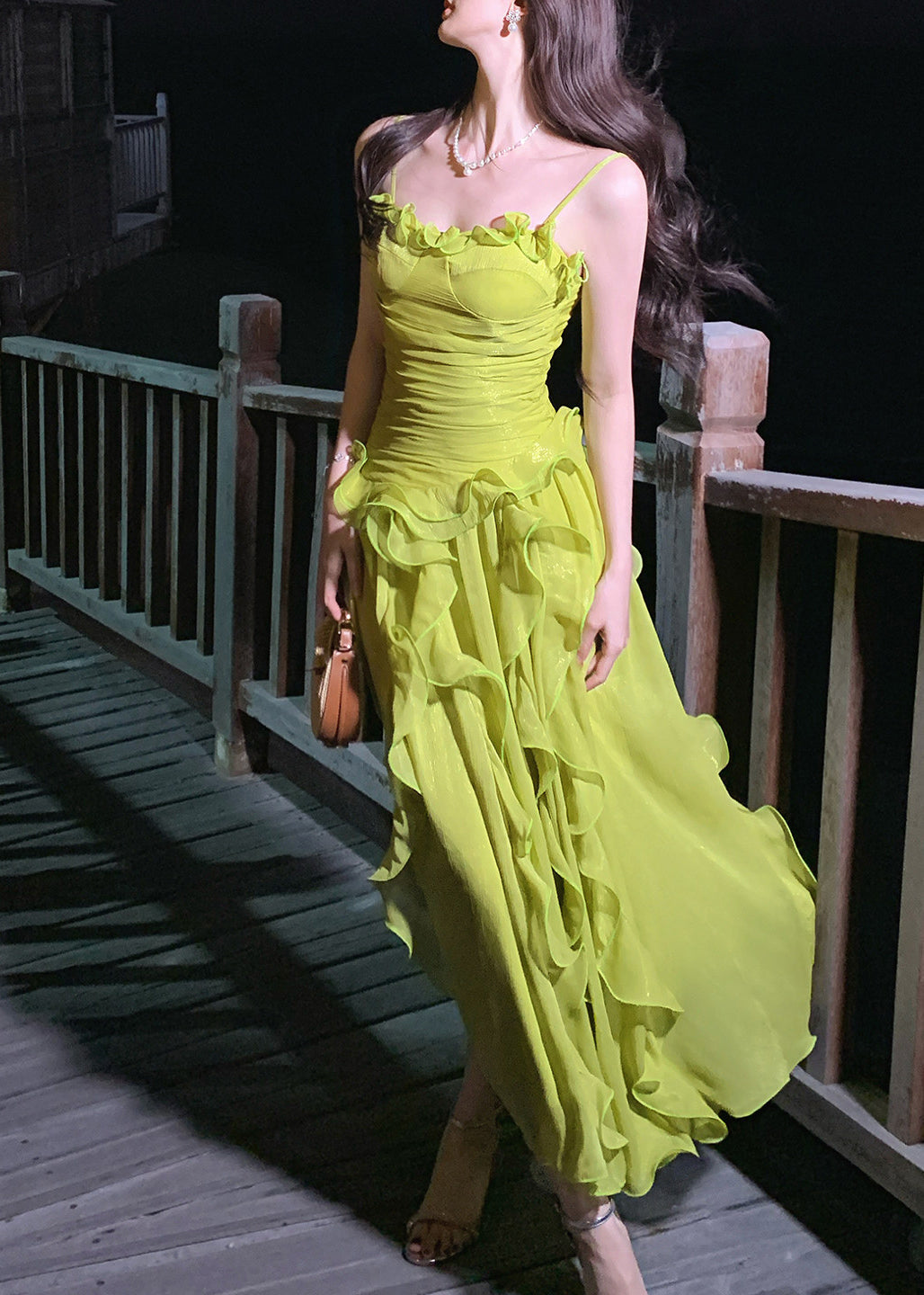 Stylish Green Ruffled Chiffon Spaghetti Strap Dress Summer - View 3