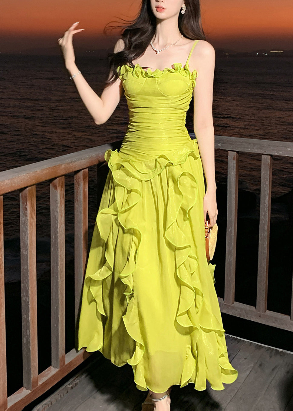 Stylish Green Ruffled Chiffon Spaghetti Strap Dress Summer - View 4