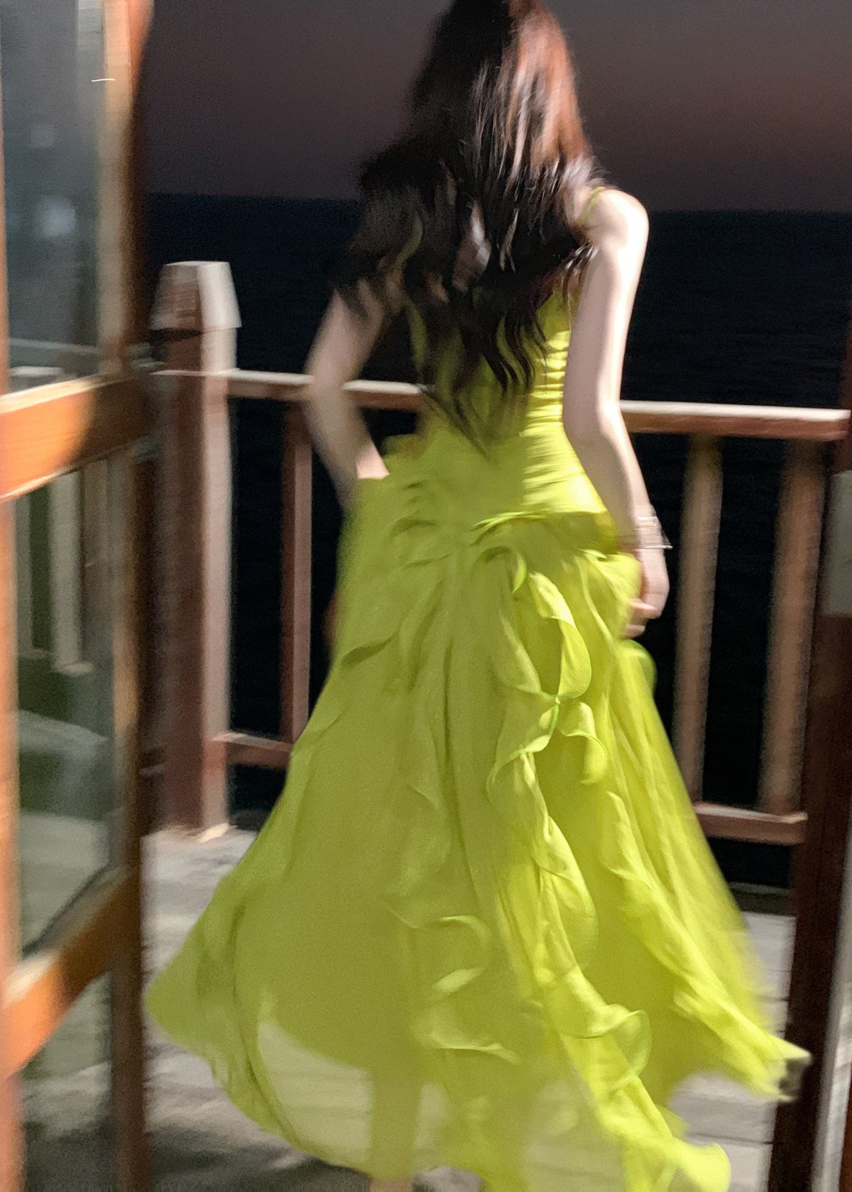 Stylish Green Ruffled Chiffon Spaghetti Strap Dress Summer - View 5