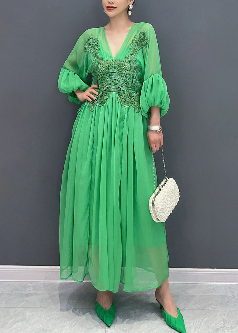 Chiffon Deep V-Neck Balloon Sleeve Lace Appliqué Maxi Dress - View 2