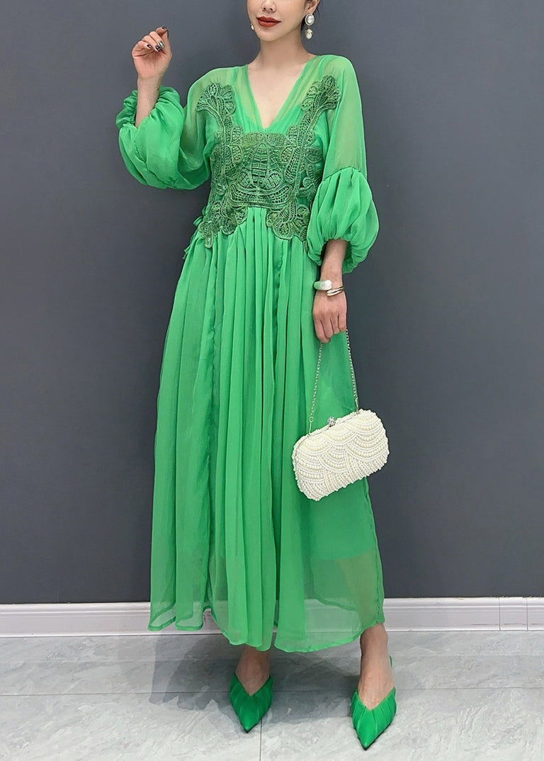 Chiffon Deep V-Neck Balloon Sleeve Lace Appliqué Maxi Dress - View 3