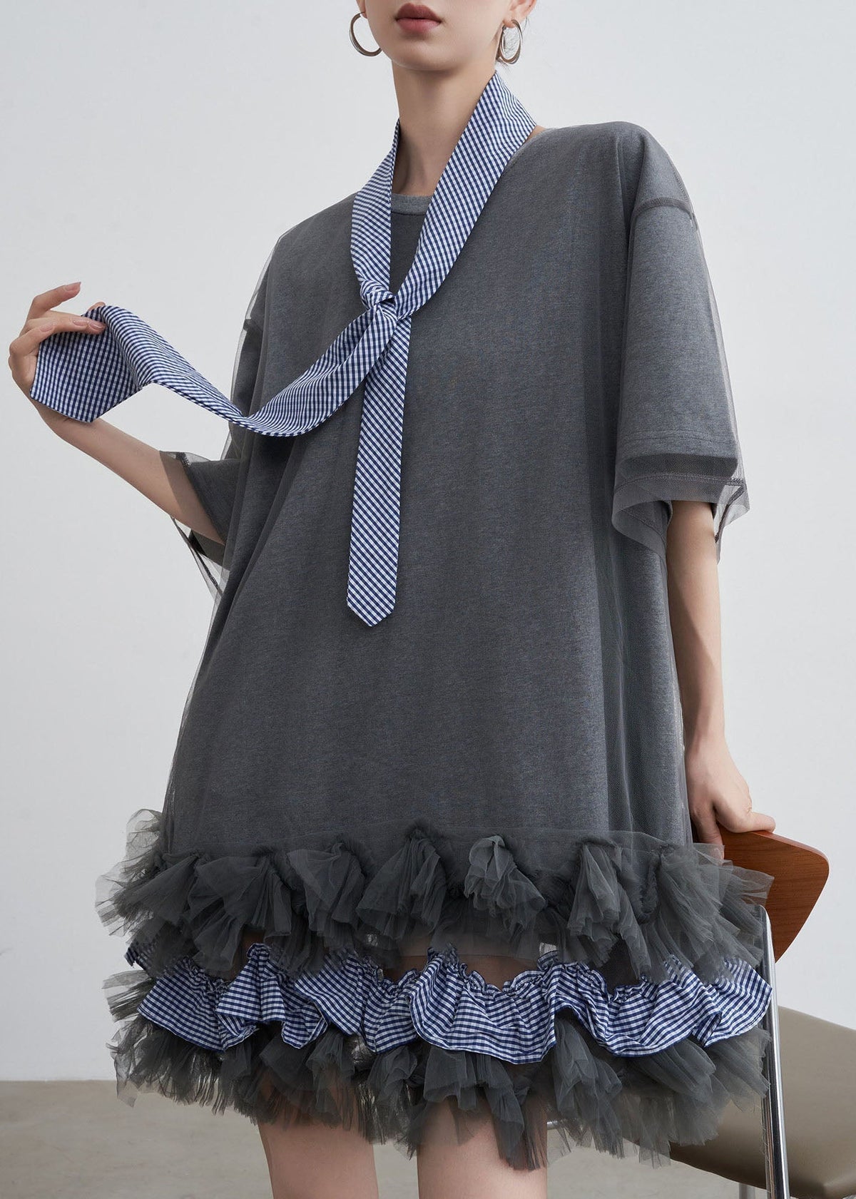 Mesh Overlay Gingham Tie Neck Ruffle Hem T-Shirt Dress - View 3