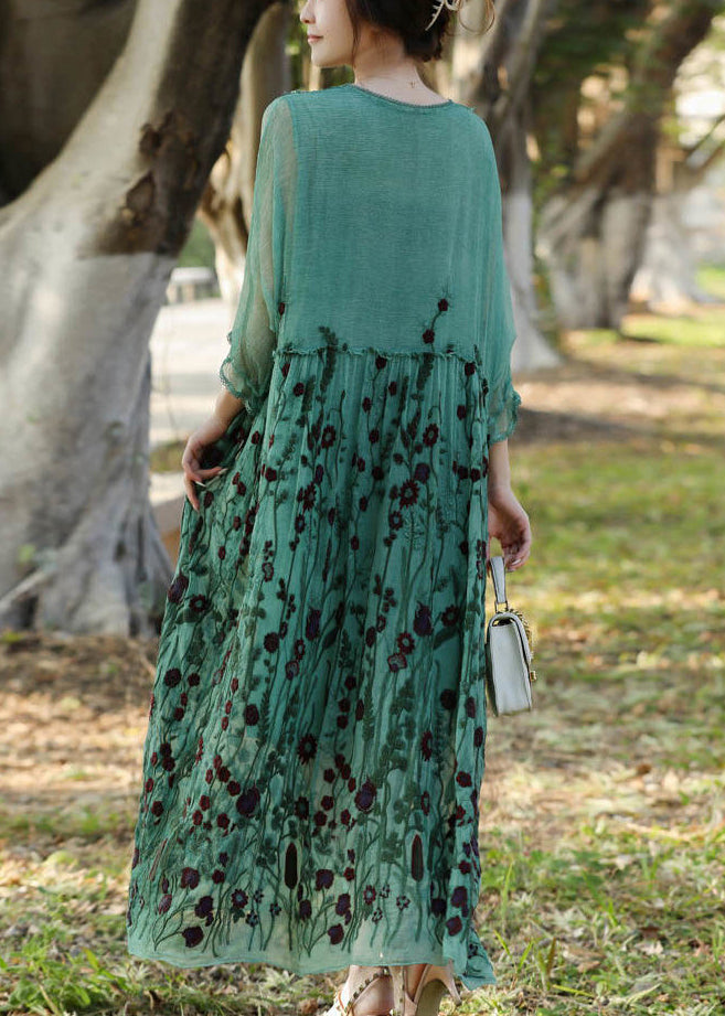 Floral Embroidery Lace Collar Empire Waist Sheer Maxi Dress - View 4