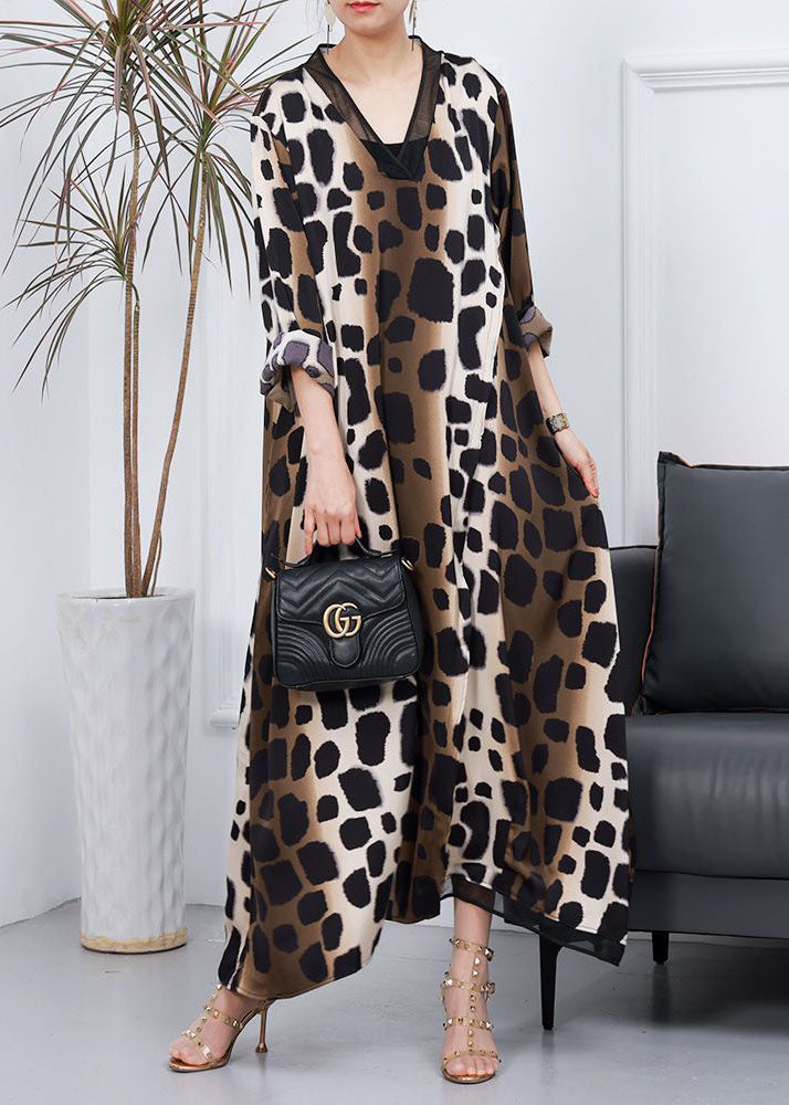 Animal Print Deep V-Neck Mesh Trim Long Sleeve Kaftan Maxi Dress