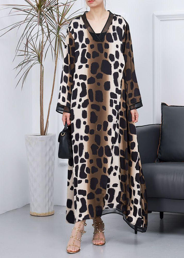 Animal Print Deep V-Neck Mesh Trim Long Sleeve Kaftan Maxi Dress - View 2