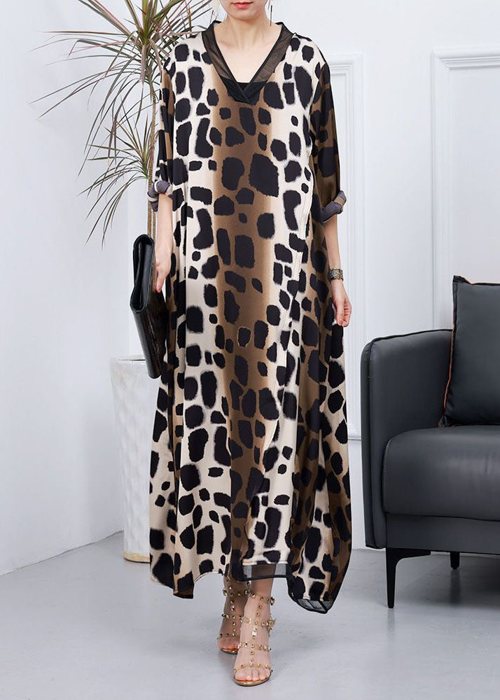 Animal Print Deep V-Neck Mesh Trim Long Sleeve Kaftan Maxi Dress - View 3