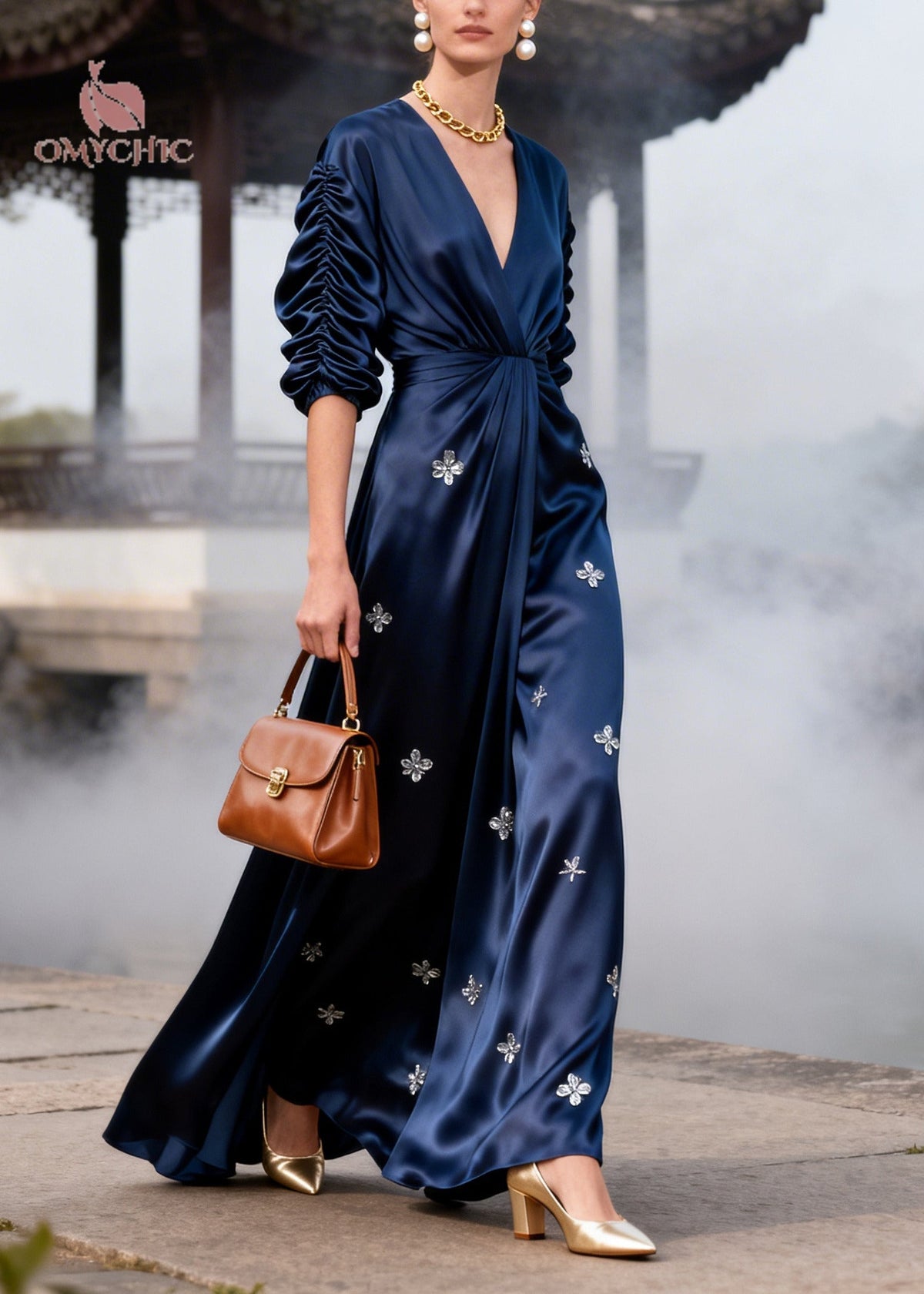 Silk Floral Wrinkled Midi Dress