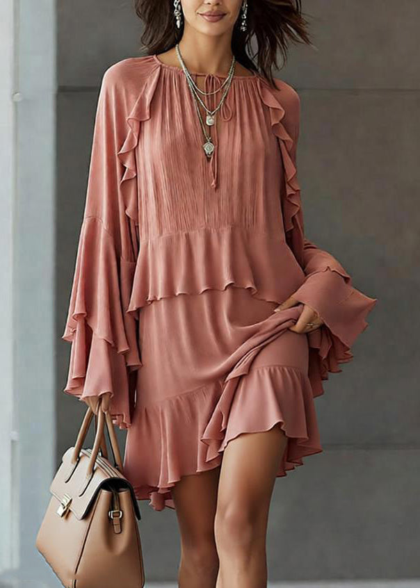 Stylish Pink Ruffled Patchwork Chiffon Mid Dress Spring - View 3