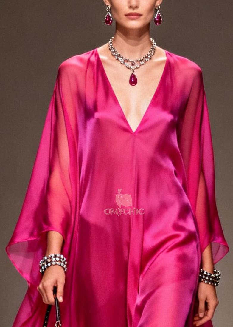 Deep V-Neck Batwing Sleeve High Low Oversized Chiffon Maxi Dress - View 2