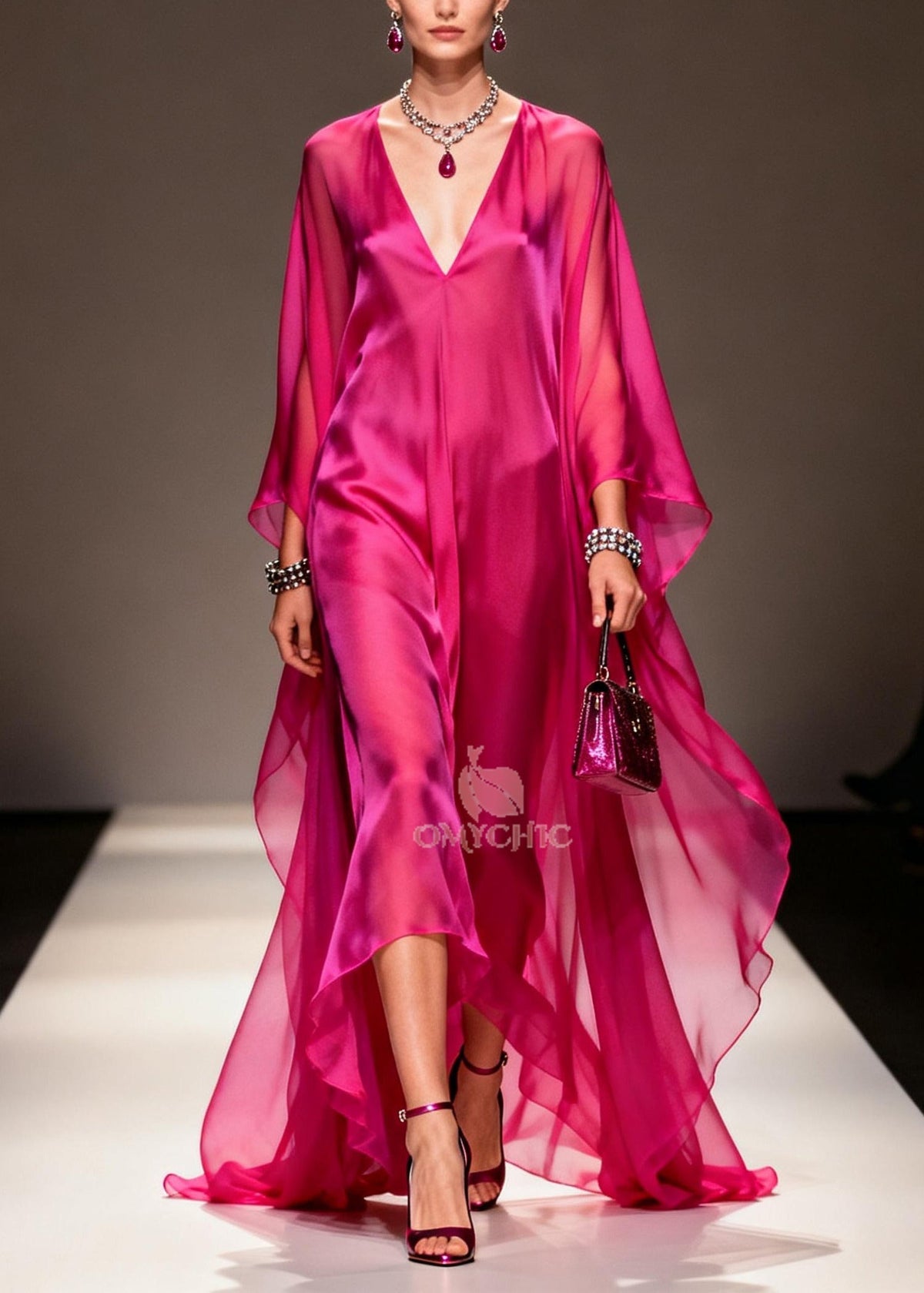 Deep V-Neck Batwing Sleeve High Low Oversized Chiffon Maxi Dress - View 3