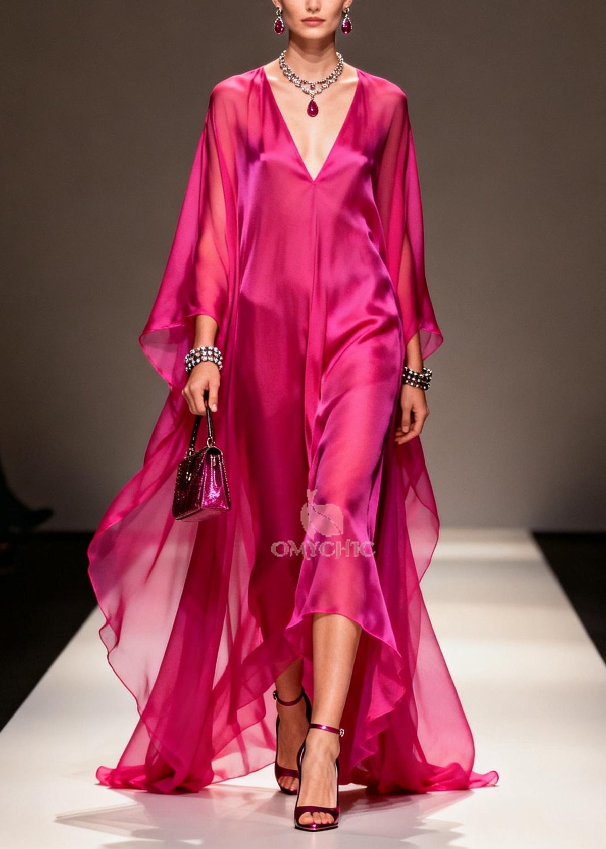 Deep V-Neck Batwing Sleeve High Low Oversized Chiffon Maxi Dress - View 5