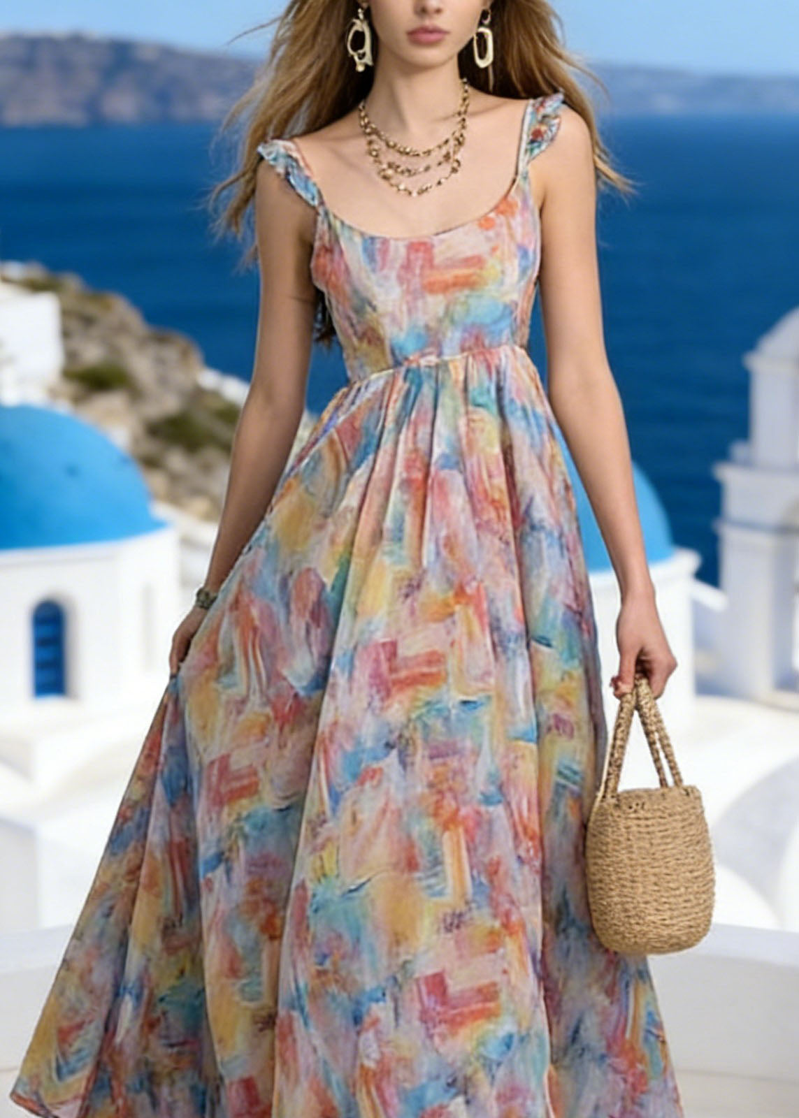 Stylish Ruffled Print Patchwork Chiffon Summer Dress - View 3
