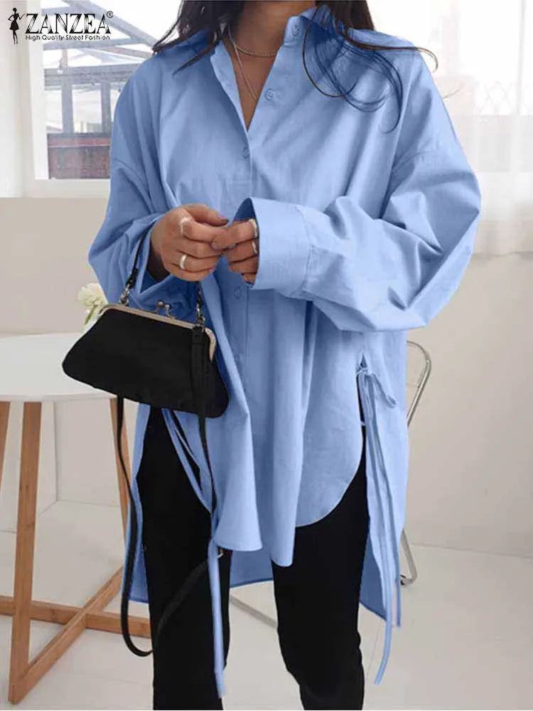 Asymmetrical Lace-Up Button Lapel Blouse