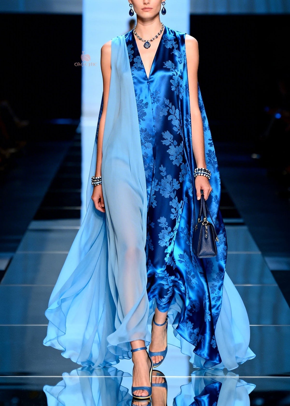 Chiffon Jacquard Floral Panel Deep V-Neck Sheer Cape Maxi Gown