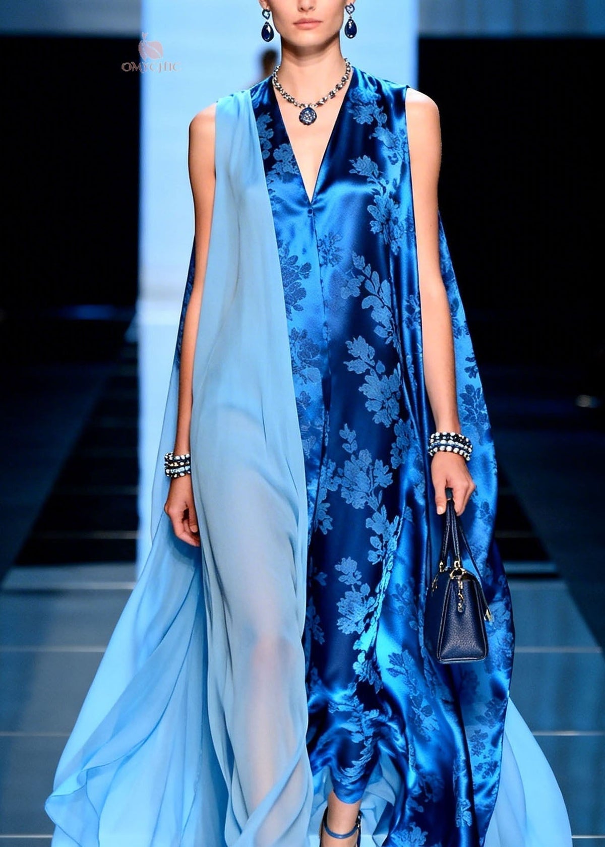 Chiffon Jacquard Floral Panel Deep V-Neck Sheer Cape Maxi Gown - View 2