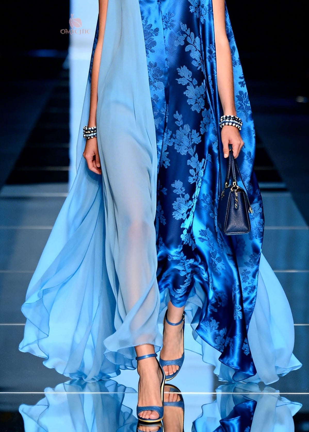 Chiffon Jacquard Floral Panel Deep V-Neck Sheer Cape Maxi Gown - View 4