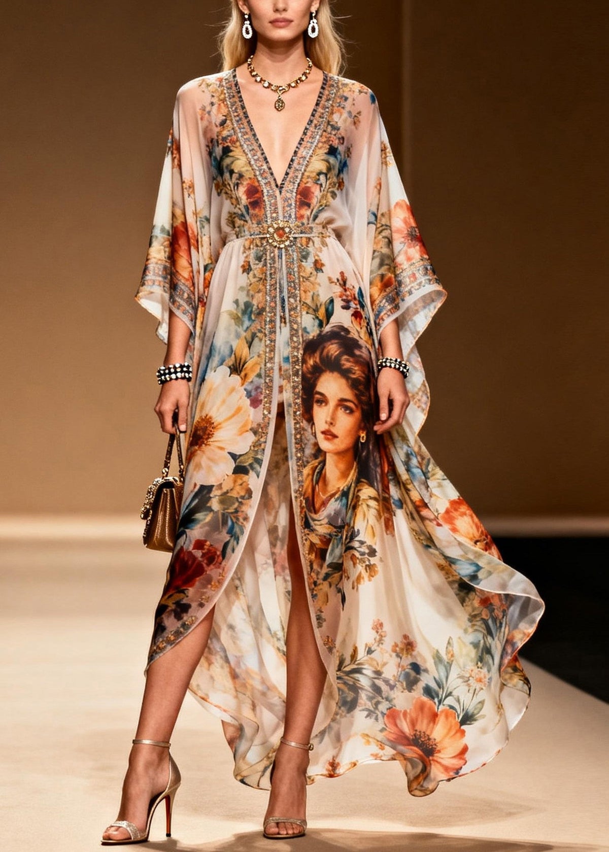 Floral Portrait Print Deep V-Neck Buckle Waist Sleeve Maxi Gown