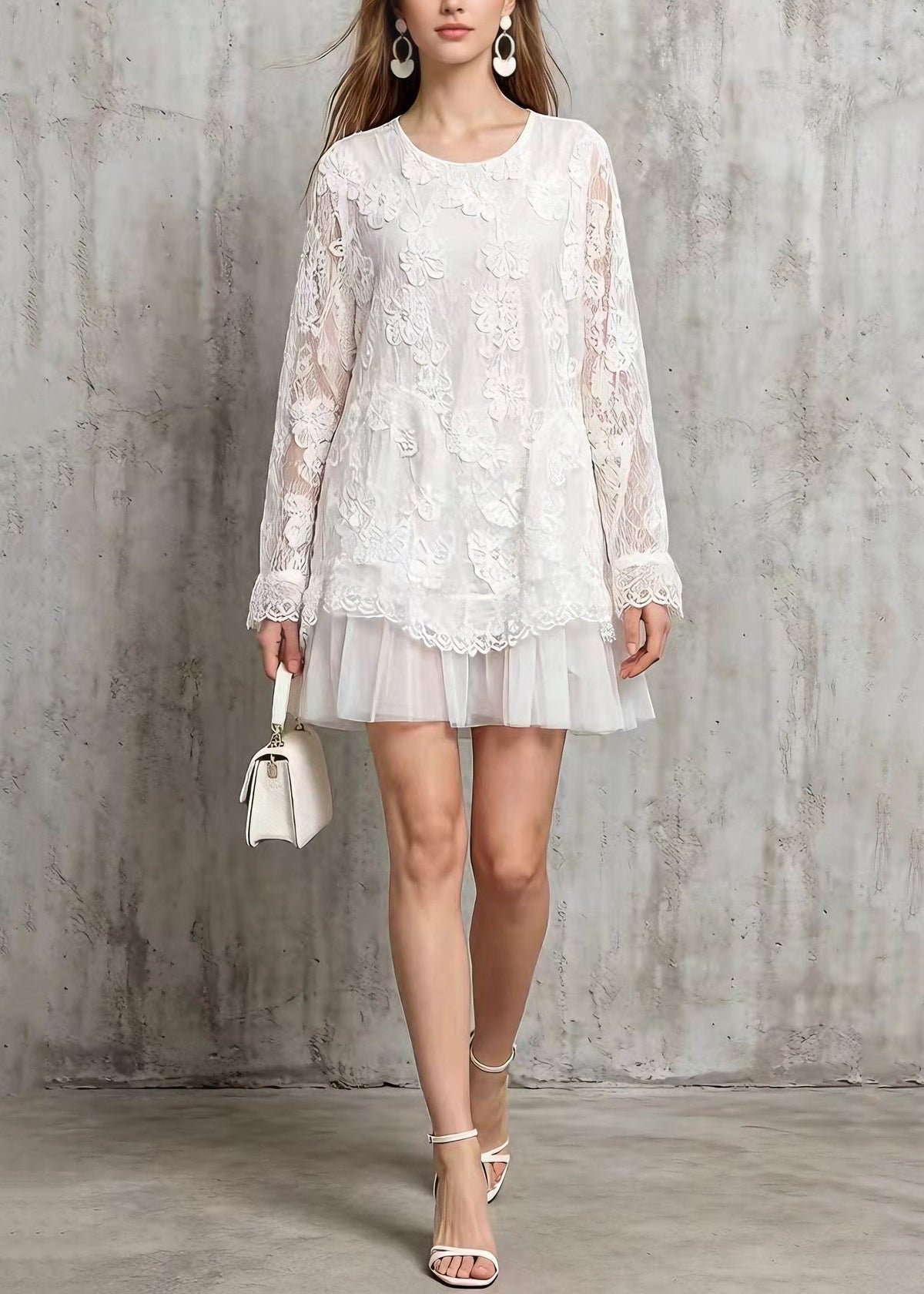 Floral Lace Crew Neck Long Sleeve Tiered Tulle Ruffle Mini Dress