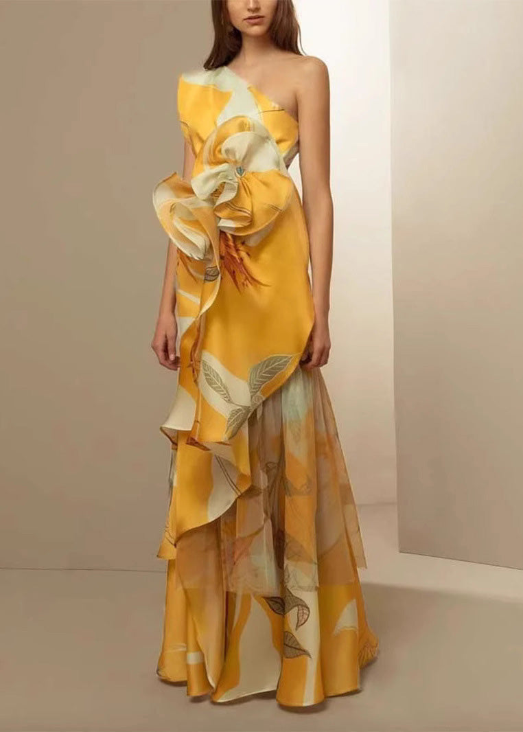 One Shoulder Leaf Print Floral Applique Tiered Sheer Maxi Gown
