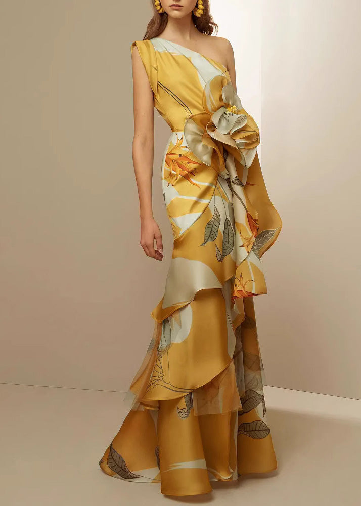 One Shoulder Leaf Print Floral Applique Tiered Sheer Maxi Gown - View 2