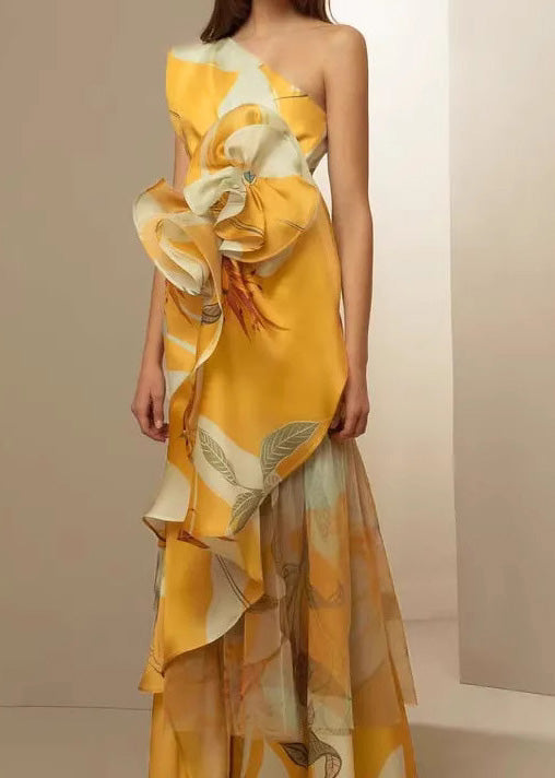 One Shoulder Leaf Print Floral Applique Tiered Sheer Maxi Gown - View 3