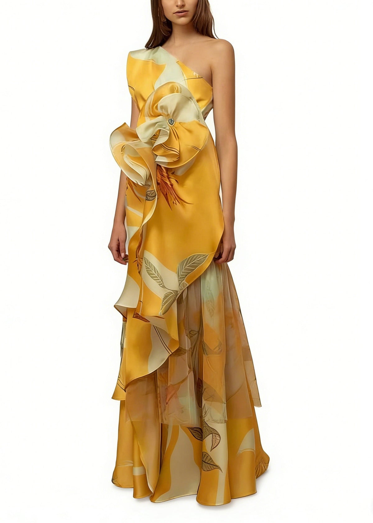 One Shoulder Leaf Print Floral Applique Tiered Sheer Maxi Gown - View 5