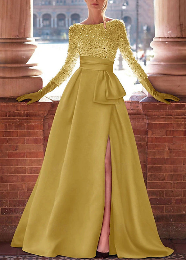 Sequin Boat Neck Long Sleeve Sash Waist High Split A-Line Maxi Gown