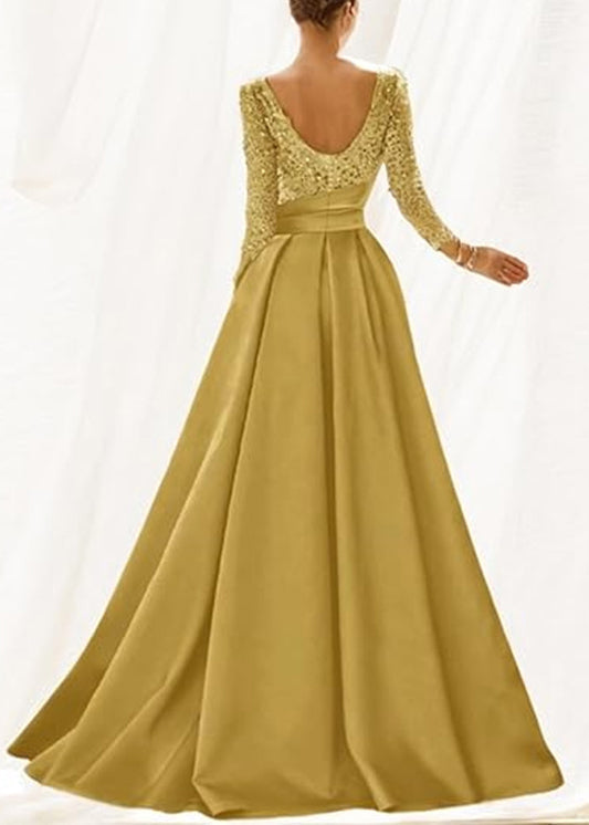 Sequin Boat Neck Long Sleeve Sash Waist High Split A-Line Maxi Gown - View 3