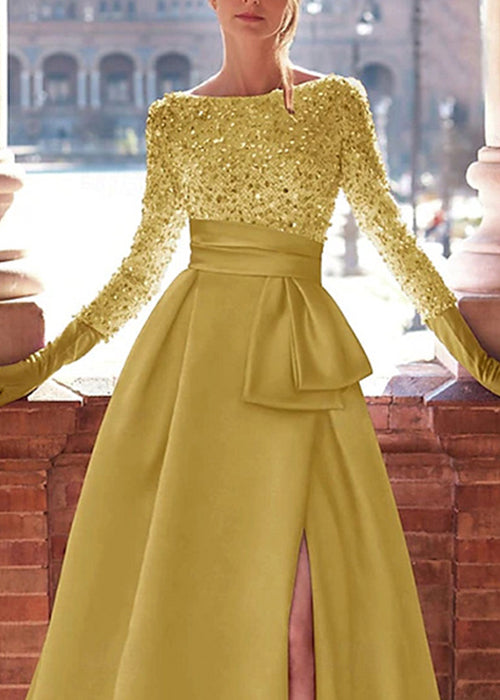 Sequin Boat Neck Long Sleeve Sash Waist High Split A-Line Maxi Gown - View 4