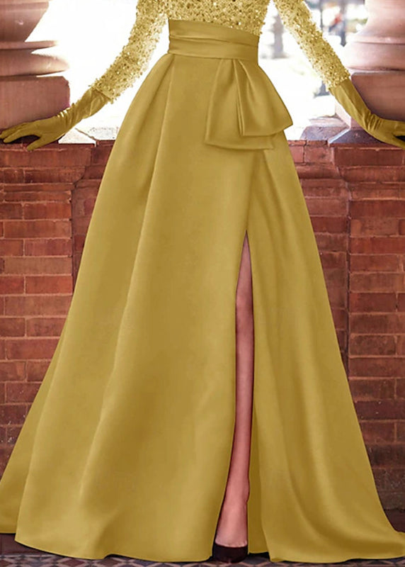 Sequin Boat Neck Long Sleeve Sash Waist High Split A-Line Maxi Gown - View 5