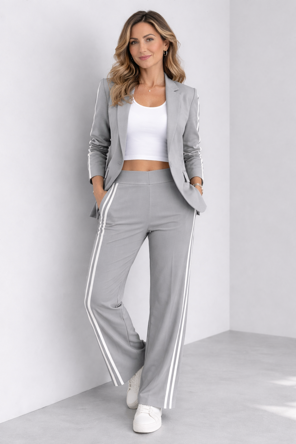 Double Stripe Blazer and Wide Leg Pants Two Piece Set