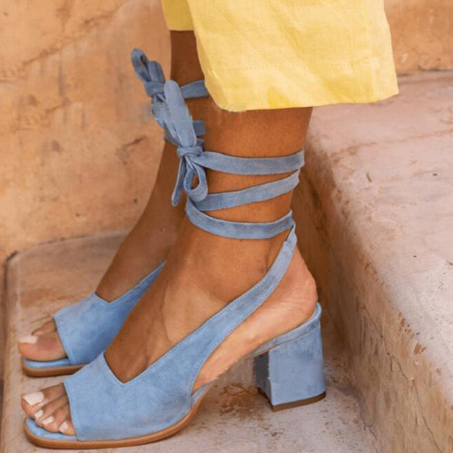Suede Chunky Heel Strapped Peep Toe Sandals - Mislish