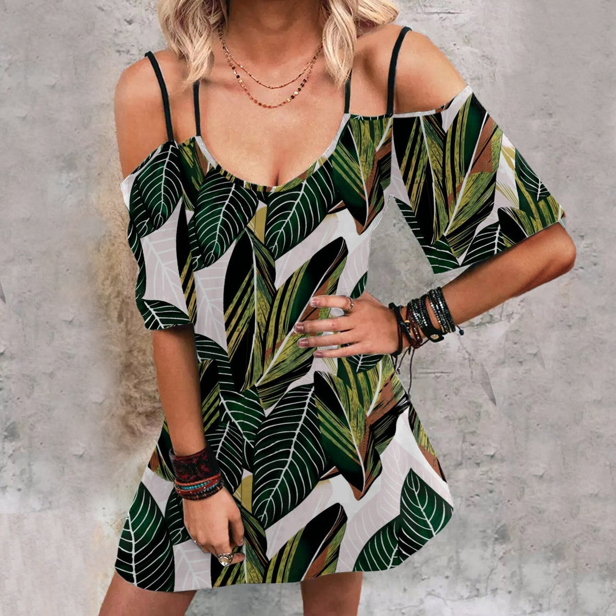 Leaf Print Cold-Shoulder Spaghetti-Strap Mini Dress