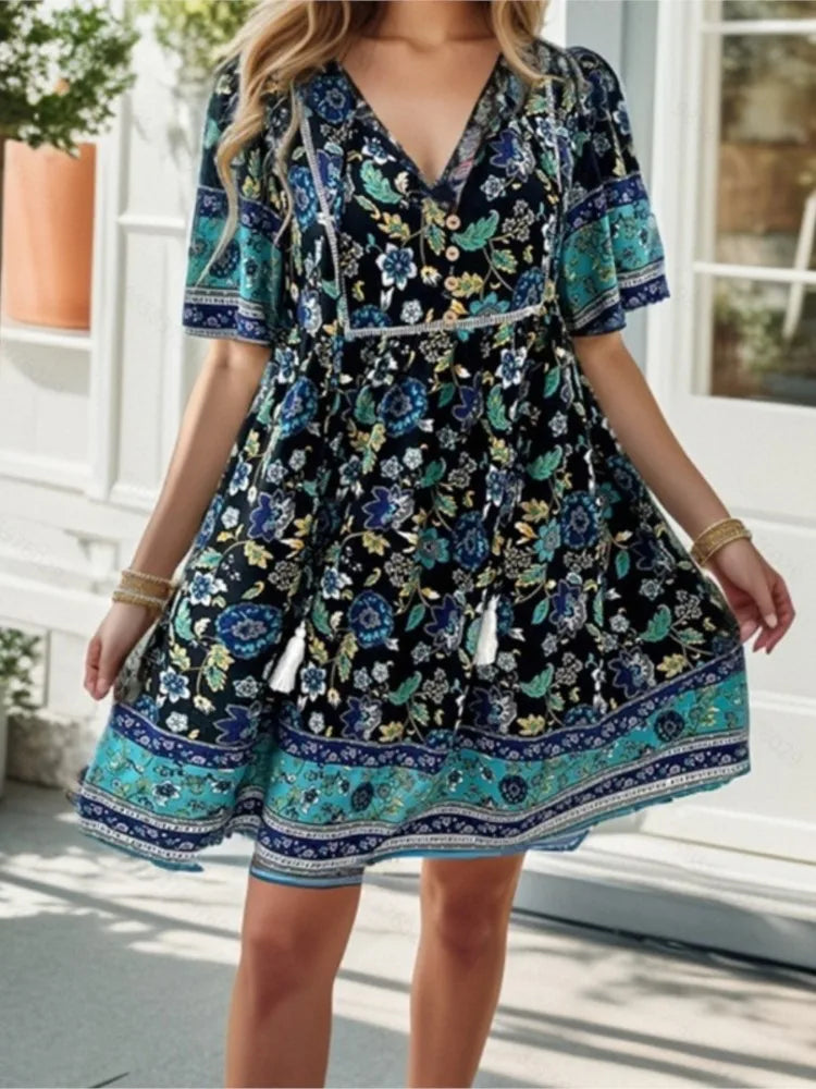 Casual Holiday Floral Print V-neck Short Sleeve Sundress