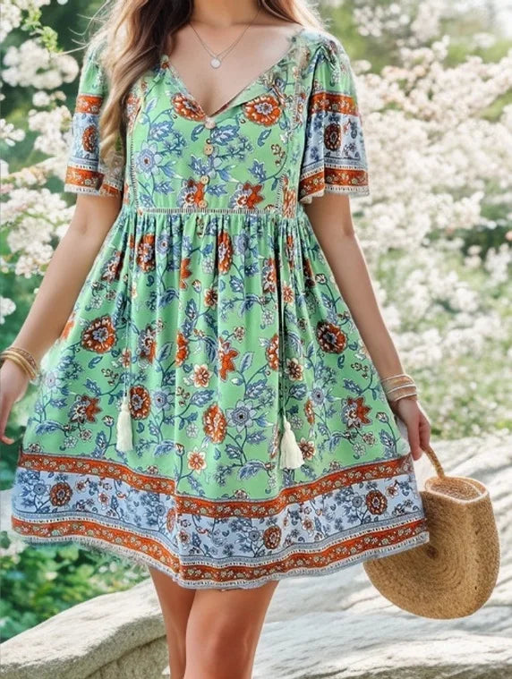 Casual Holiday Floral Print V-neck Short Sleeve Sundress